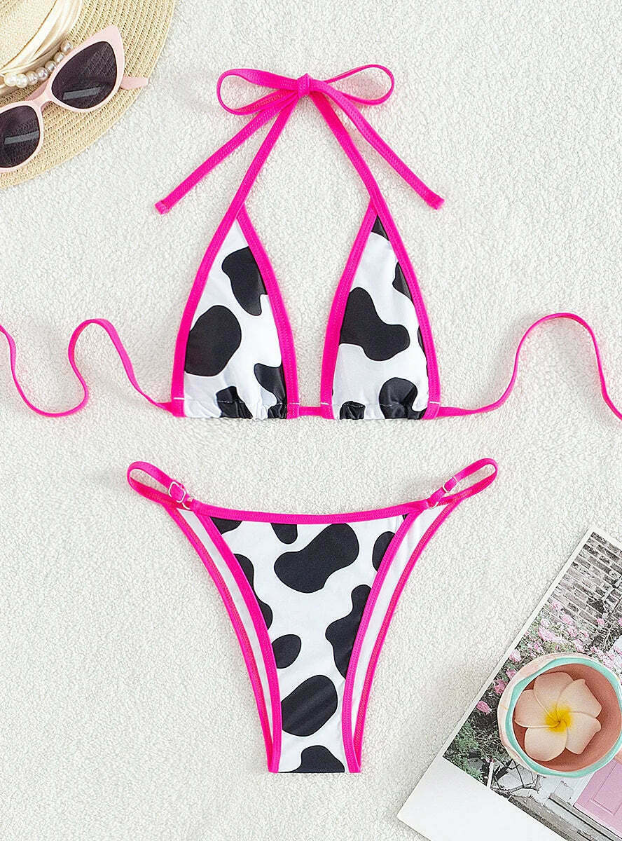 Y2K Cow Print Halter Bikini - Retro Aesthetic Swimwear for Women