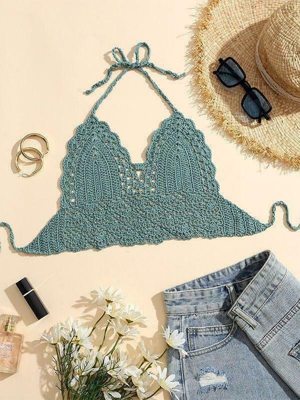 Y2K Crochet Knit Halter Crop Top - Coquette Aesthetic, Grunge Style, Cute Tops