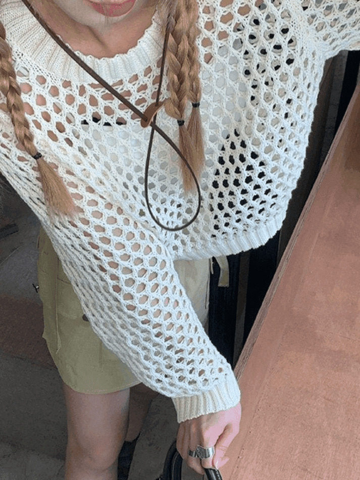Y2K Crochet Knit Long Sleeve Crop Top - Coquette Aesthetic Grunge Style, Cute Pastel Goth Fashion