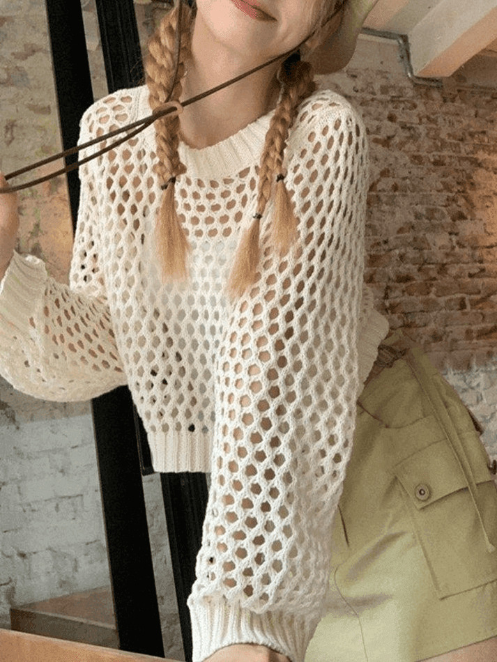 Y2K Crochet Knit Long Sleeve Crop Top - Coquette Aesthetic Grunge Style, Cute Pastel Goth Fashion