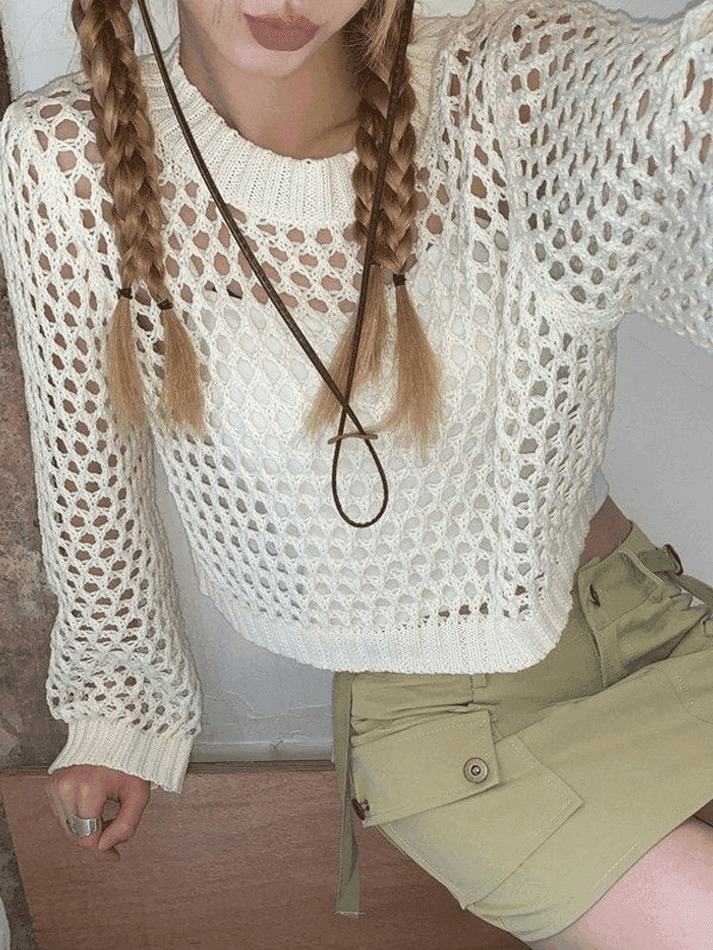 Y2K Crochet Knit Long Sleeve Crop Top - Coquette Aesthetic Grunge Style, Cute Pastel Goth Fashion