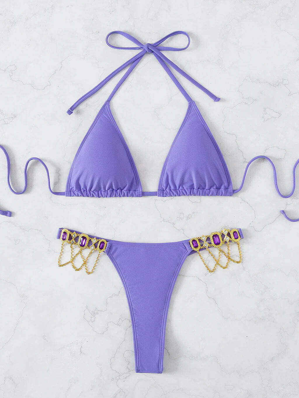 Y2K Crystal Chain Strap Halter Bikini - Coquette Aesthetic Swimwear for Women