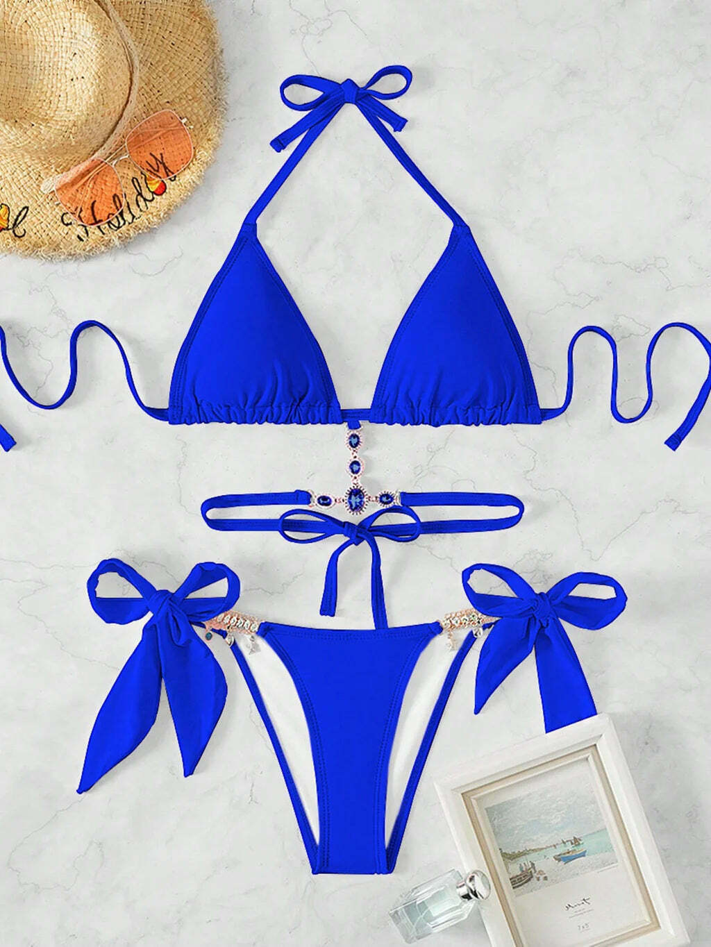 Y2K Crystal Diamond Strap Backless Beach Bikini - Coquette Aesthetic Swimwear