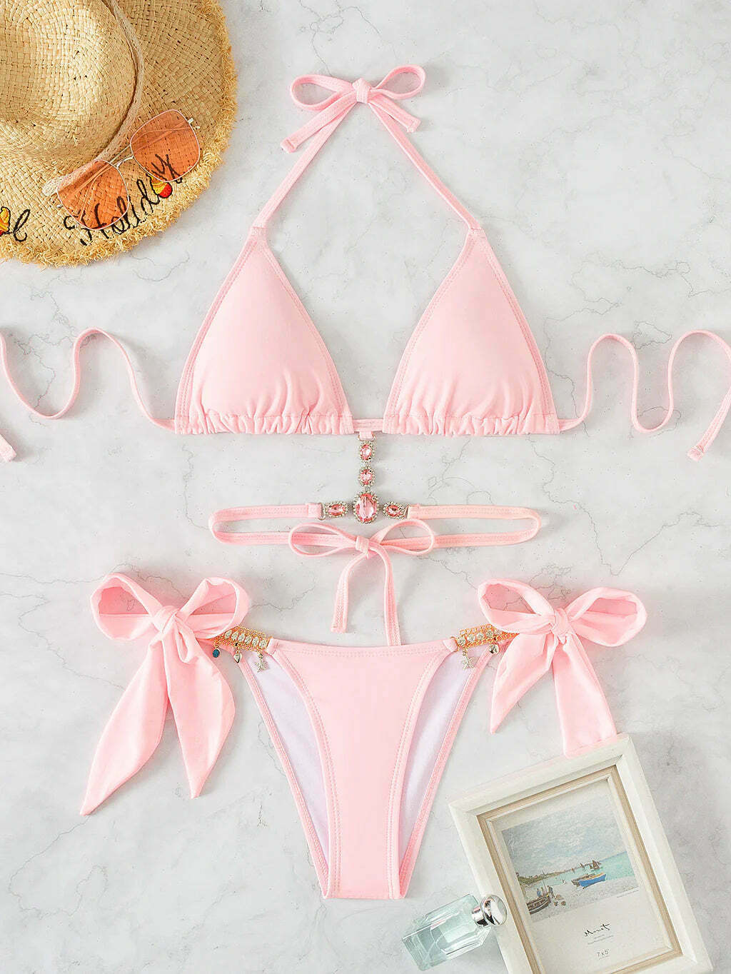 Y2K Crystal Diamond Strap Backless Beach Bikini - Coquette Aesthetic Swimwear