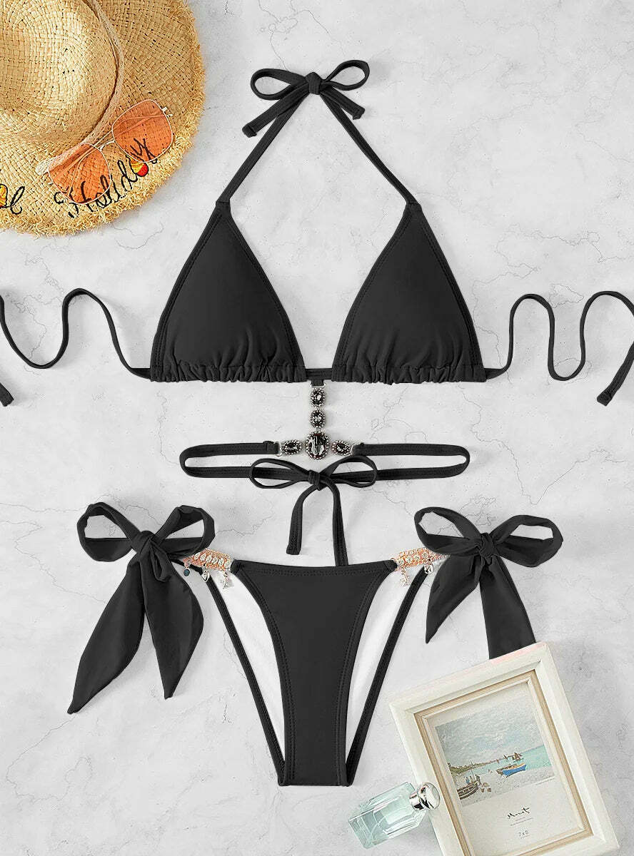 Y2K Crystal Diamond Strap Backless Beach Bikini - Coquette Aesthetic Swimwear