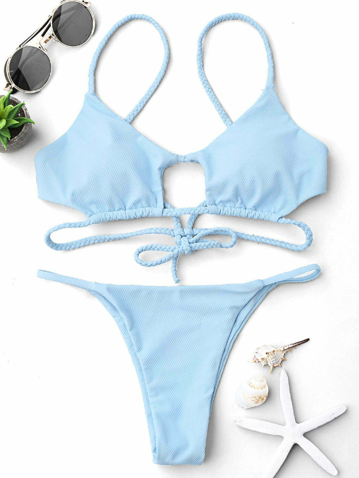 Y2K Cutout Braided Bralette String Bikini Set - Coquette Aesthetic, Grunge Style, Pastel Goth