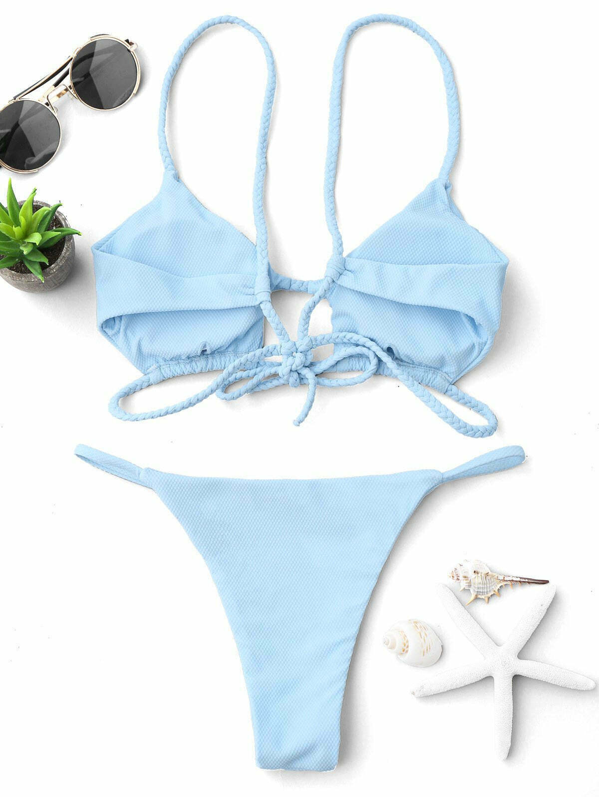 Y2K Cutout Braided Bralette String Bikini Set - Coquette Aesthetic, Grunge Style, Pastel Goth
