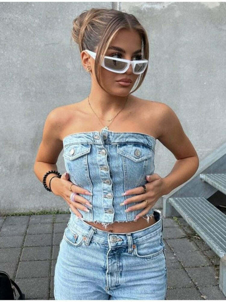 Y2K Denim Crop Top featuring Tiago Strapless Design for Coquette Aesthetic Fashion