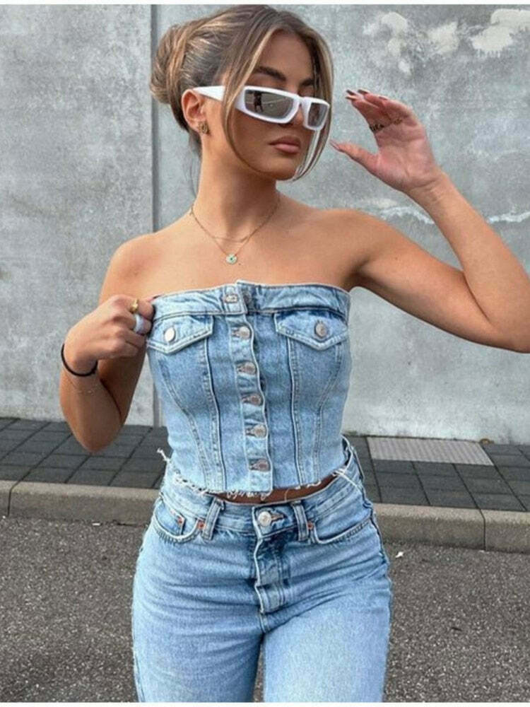 Y2K Denim Crop Top featuring Tiago Strapless Design for Coquette Aesthetic Fashion