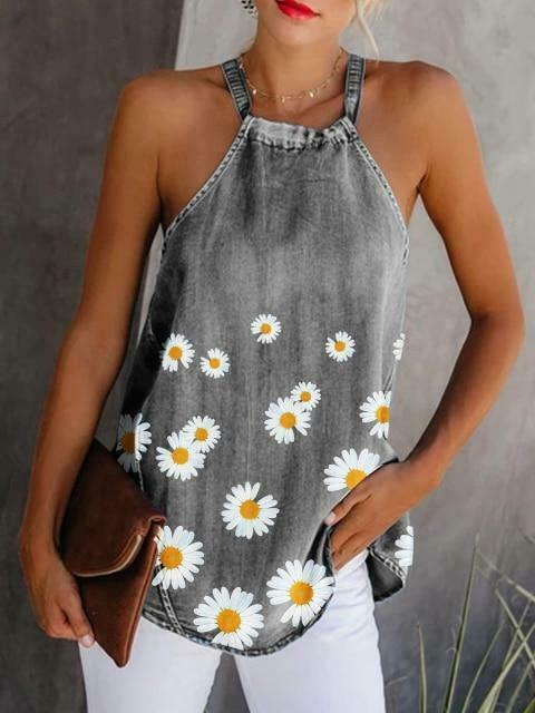 Y2K Denim Halter Cold Shoulder Shirt: Coquette Aesthetic Grunge Style, Cute Pastel Goth Fashion