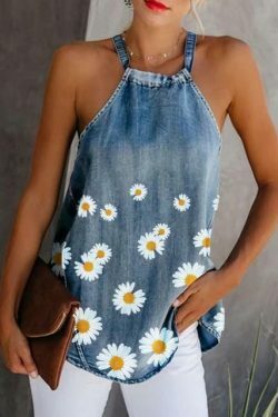 Y2K Denim Halter Cold Shoulder Shirt: Coquette Aesthetic Grunge Style, Cute Pastel Goth Fashion