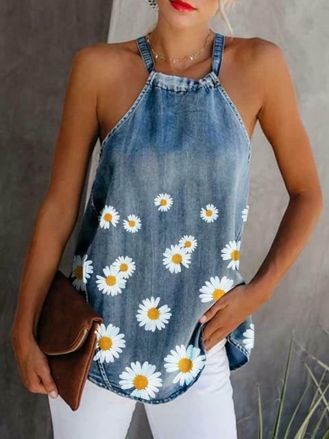 Y2K Denim Halter Cold Shoulder Shirt: Coquette Aesthetic Grunge Style, Cute Pastel Goth Fashion