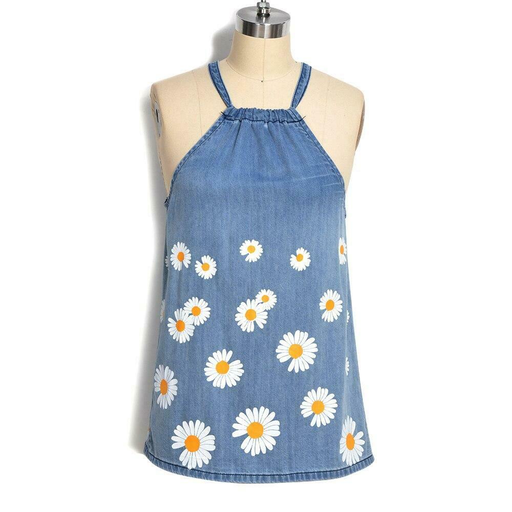 Y2K Denim Halter Cold Shoulder Shirt: Coquette Aesthetic Grunge Style, Cute Pastel Goth Fashion