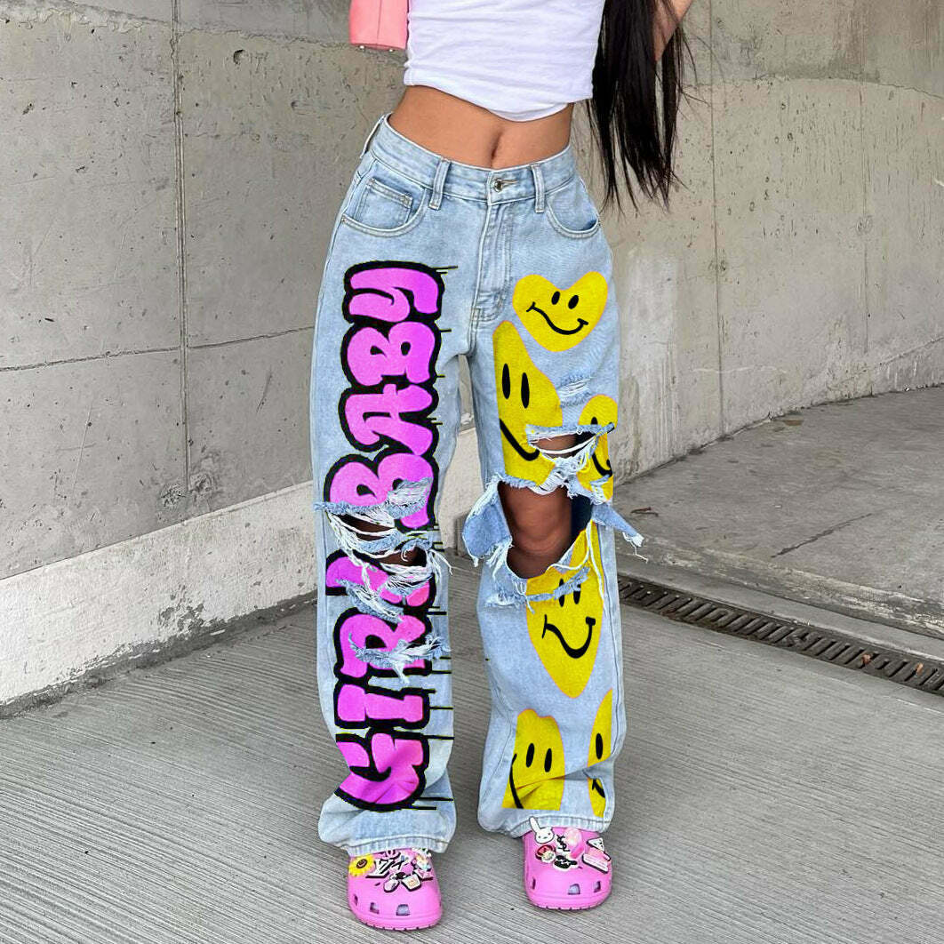 Y2K Denim Smilie Hoco Pants: Coquette Aesthetic Cargo Skirt for Women