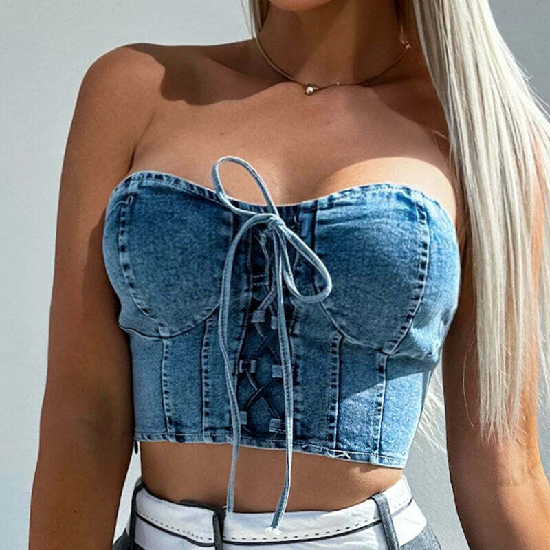 Y2K Denim Tie & Tube Tango Top: Coquette Aesthetic Grunge Style Cute Tops & Cargo Skirt