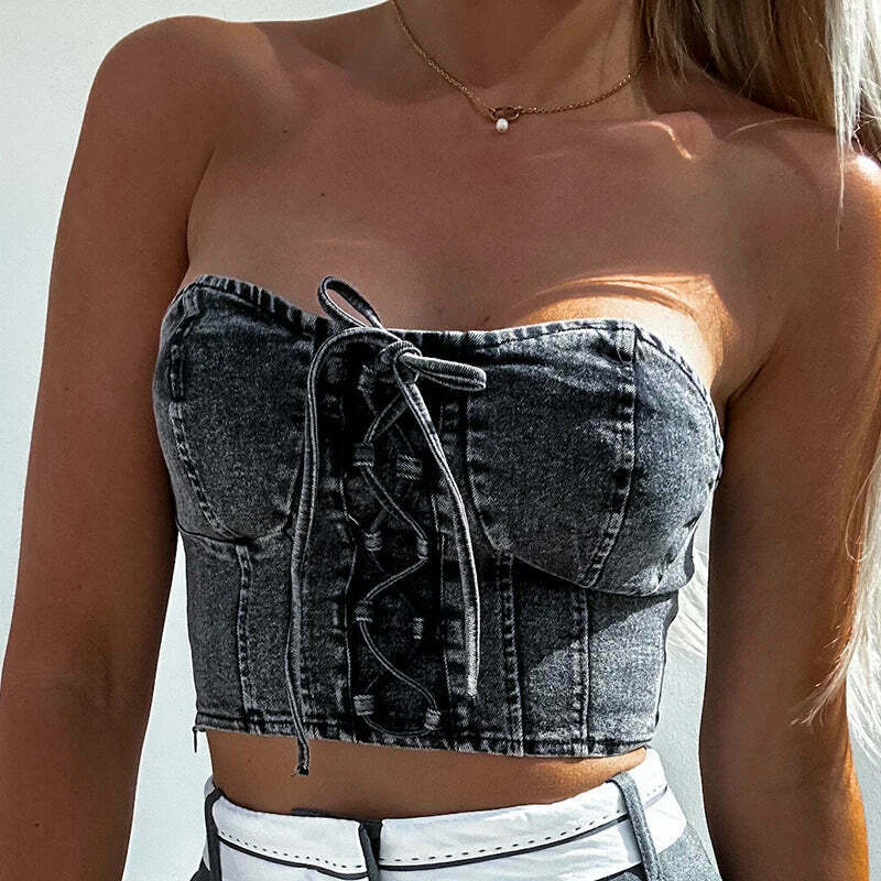 Y2K Denim Tie & Tube Tango Top: Coquette Aesthetic Grunge Style Cute Tops & Cargo Skirt