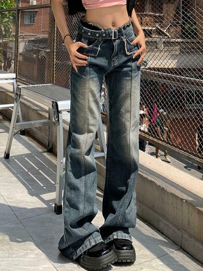 Y2K Distressed Burr Waist Buckle Boyfriend Jeans - Coquette Aesthetic Grunge Style Cargo Skirt