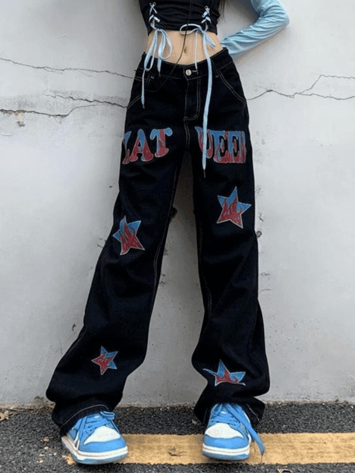 Y2K Distressed Cargo Jeans with American Star Print - Hip Hop Loose Fit for Women's Fashion