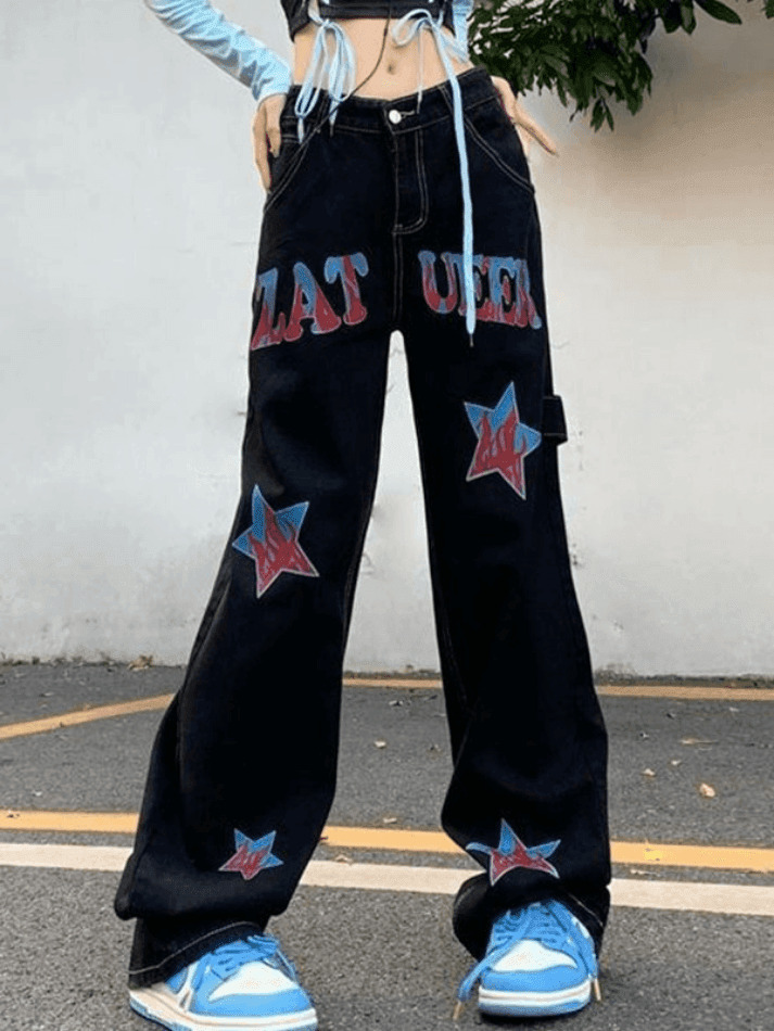 Y2K Distressed Cargo Jeans with American Star Print - Hip Hop Loose Fit for Women's Fashion