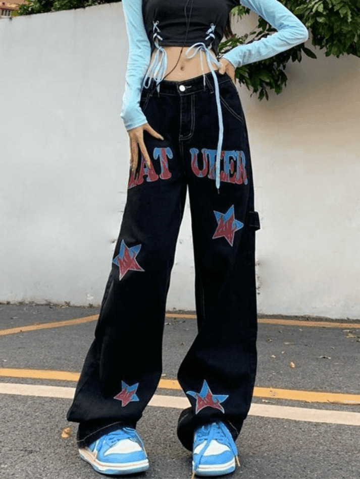Y2K Distressed Cargo Jeans with American Star Print - Hip Hop Loose Fit for Women's Fashion