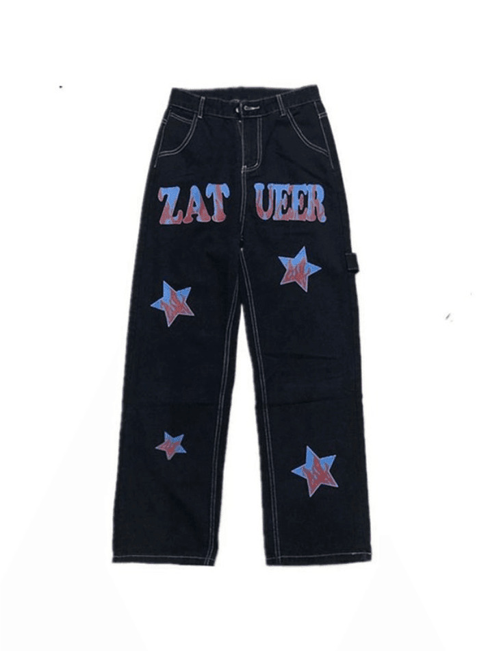 Y2K Distressed Cargo Jeans with American Star Print - Hip Hop Loose Fit for Women's Fashion