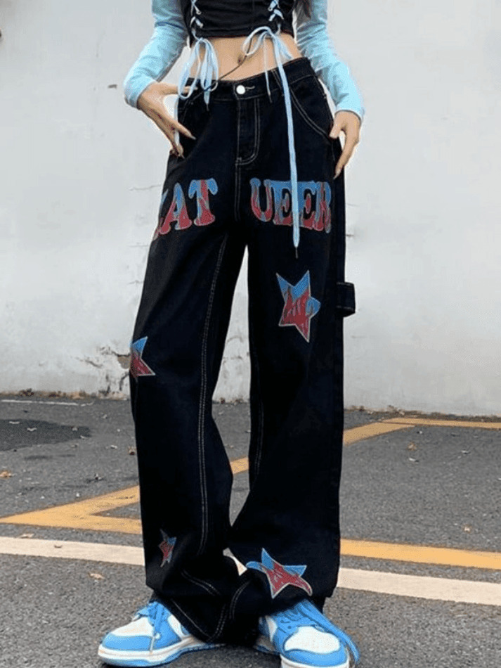 Y2K Distressed Cargo Jeans with American Star Print - Hip Hop Loose Fit for Women's Fashion