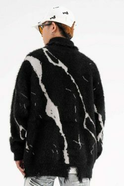 Y2K Distressed Lace-Up Mohair Sweater: Coquette Aesthetic with Grunge Style & Pastel Goth Vibe