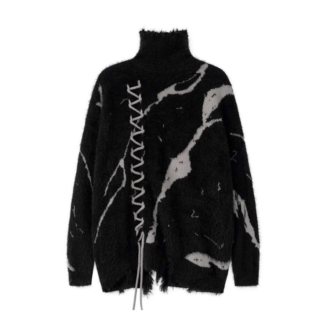 Y2K Distressed Lace-Up Mohair Sweater: Coquette Aesthetic with Grunge Style & Pastel Goth Vibe