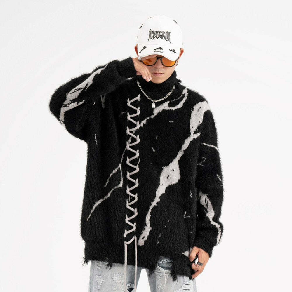 Y2K Distressed Lace-Up Mohair Sweater: Coquette Aesthetic with Grunge Style & Pastel Goth Vibe