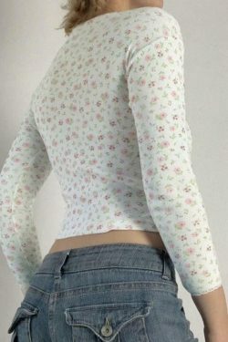 Y2K Ditsy Floral Print Crew Neck Long Sleeve Knit Sweater