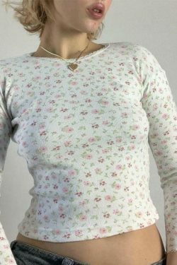 Y2K Ditsy Floral Print Crew Neck Long Sleeve Knit Sweater