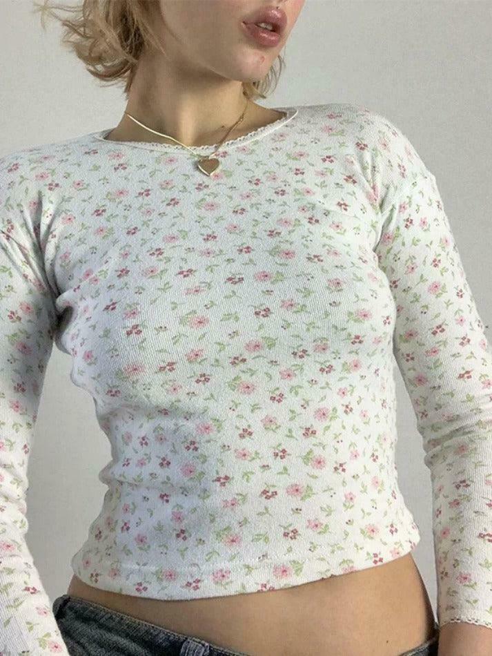 Y2K Ditsy Floral Print Crew Neck Long Sleeve Knit Sweater