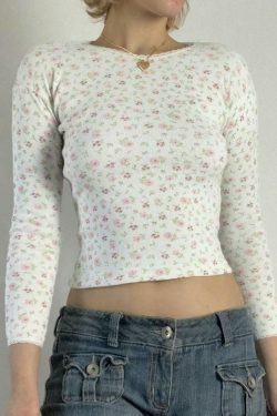 Y2K Ditsy Floral Print Crew Neck Long Sleeve Knit Sweater