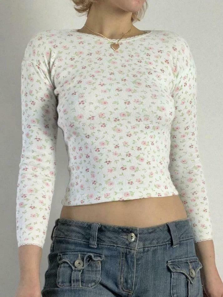 Y2K Ditsy Floral Print Crew Neck Long Sleeve Knit Sweater