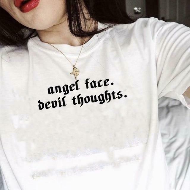 Y2K Fashion Angel Face Devil Thoughts Tee - Coquette Aesthetic, Grunge Style, Pastel Goth