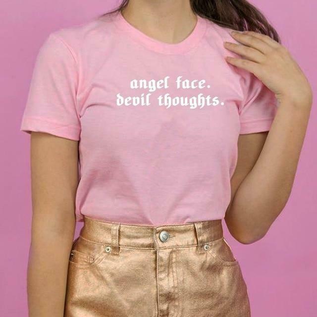 Y2K Fashion Angel Face Devil Thoughts Tee - Coquette Aesthetic, Grunge Style, Pastel Goth