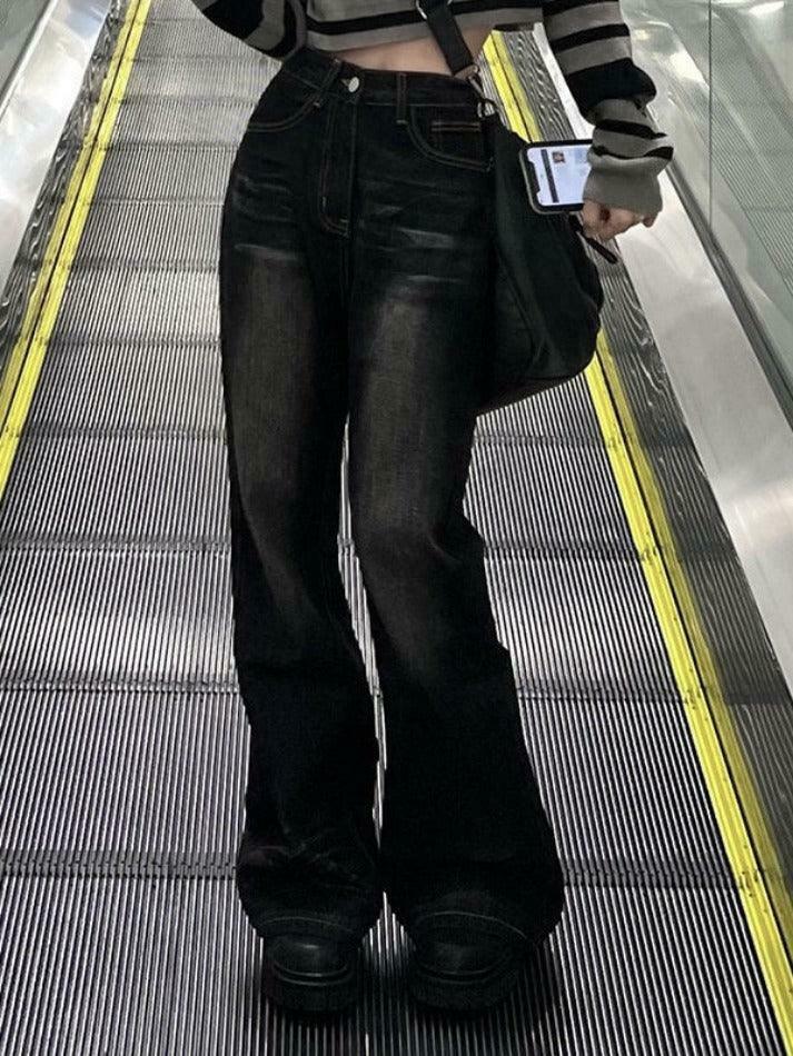 Y2K Fashion: Black Washed Flare Loose Boyfriend Jeans for Women
