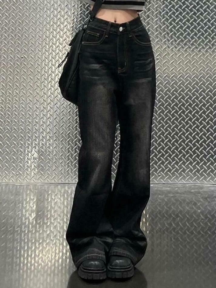Y2K Fashion: Black Washed Flare Loose Boyfriend Jeans for Women
