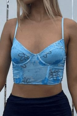 Y2K Fashion Blue Print Cropped Corset Top: Coquette Aesthetic, Grunge Style, Pastel Goth