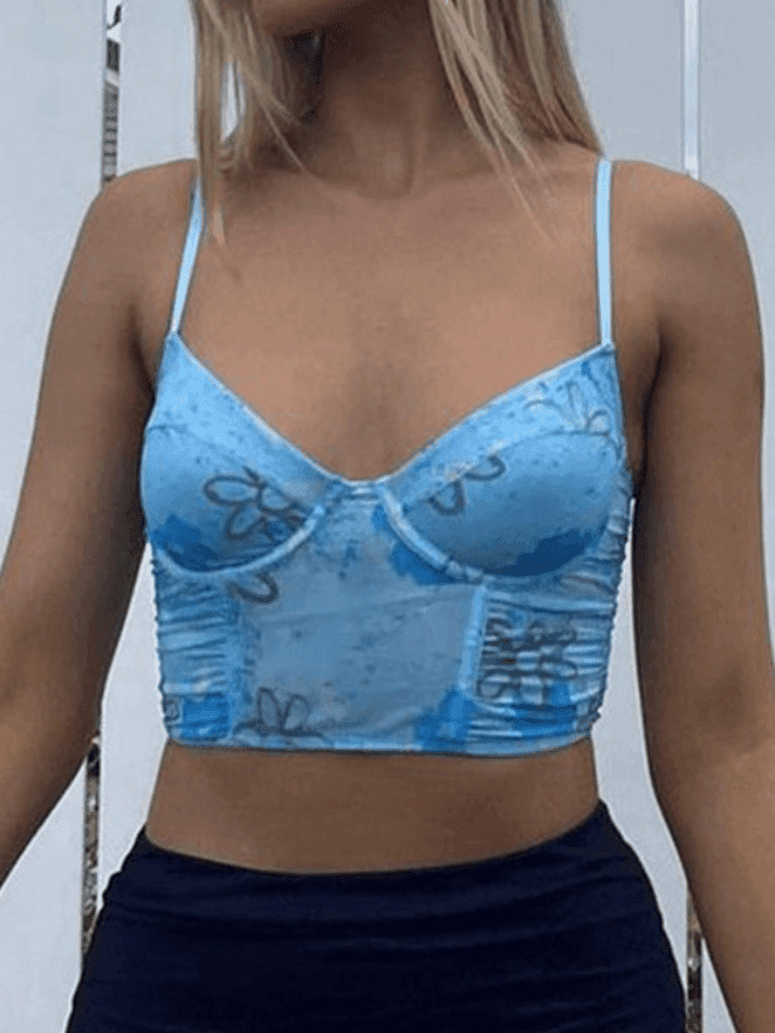 Y2K Fashion Blue Print Cropped Corset Top: Coquette Aesthetic, Grunge Style, Pastel Goth