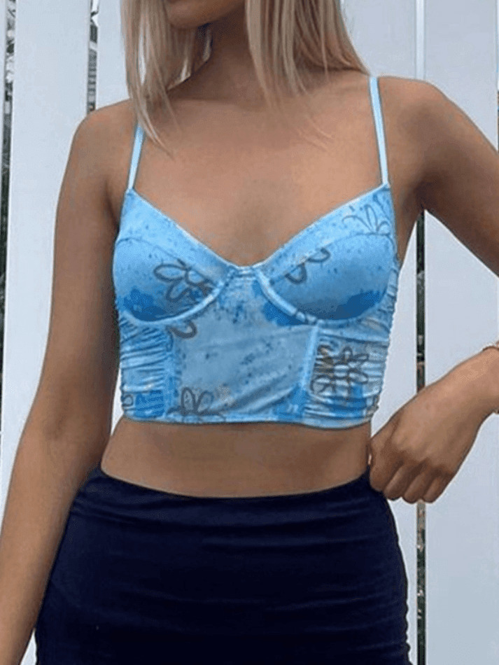 Y2K Fashion Blue Print Cropped Corset Top: Coquette Aesthetic, Grunge Style, Pastel Goth