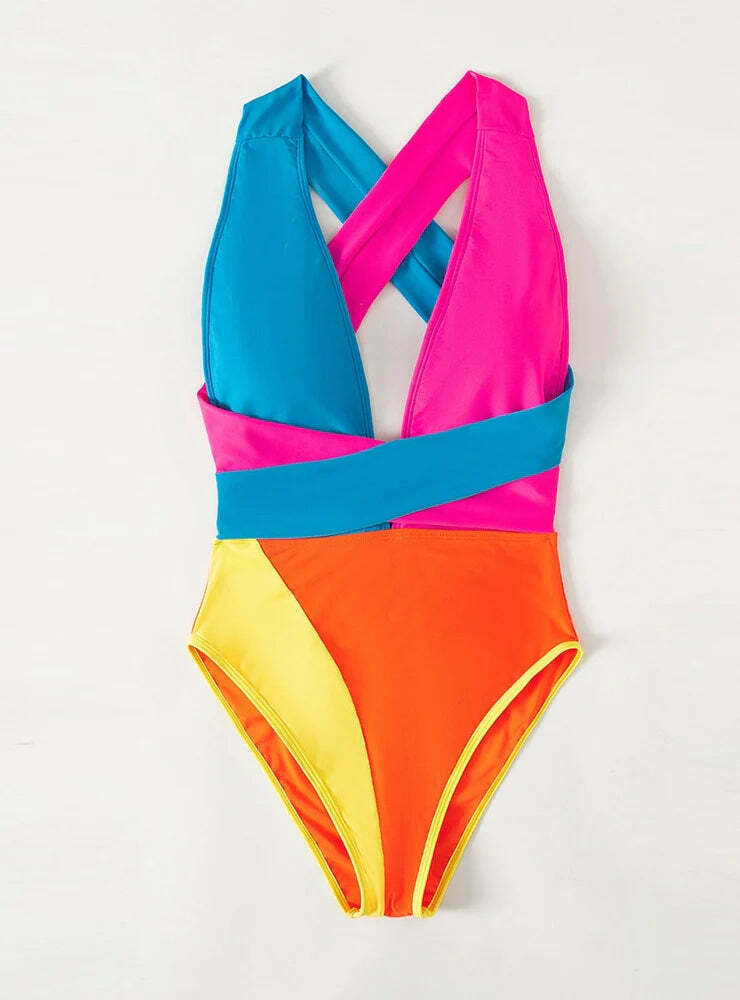 Y2K Fashion Color-Matching Lace-Up Backless One-Piece Swimsuit - Niche Women's Coquette Aesthetic