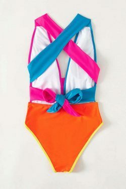 Y2K Fashion Color-Matching Lace-Up Backless One-Piece Swimsuit - Niche Women's Coquette Aesthetic