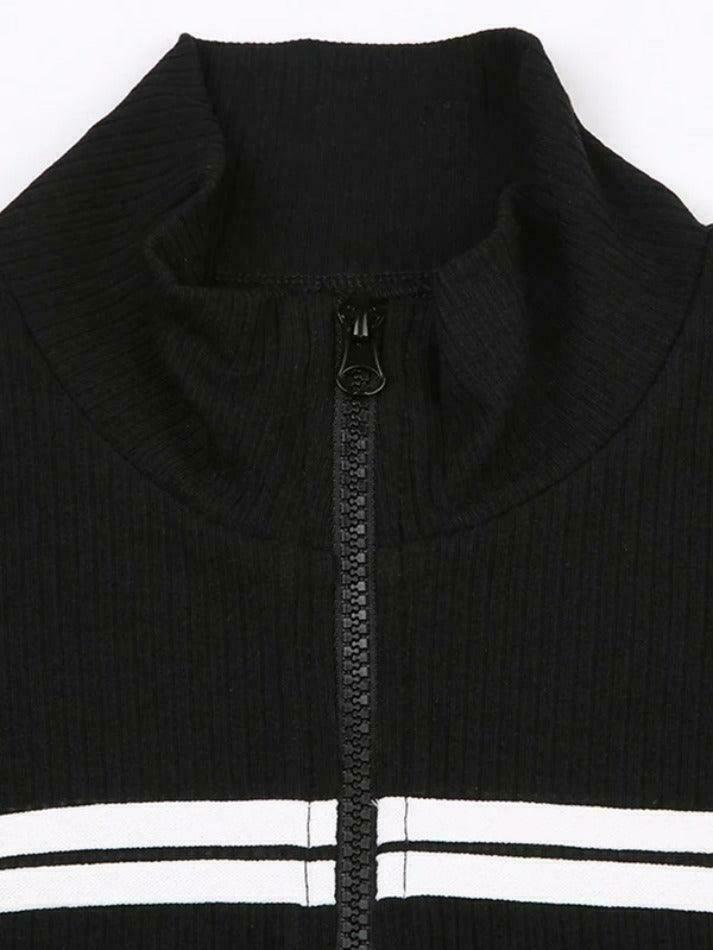 Y2K Fashion Contrast Color Splice Zipper Collar Neck Long Sleeve Knit Sweater