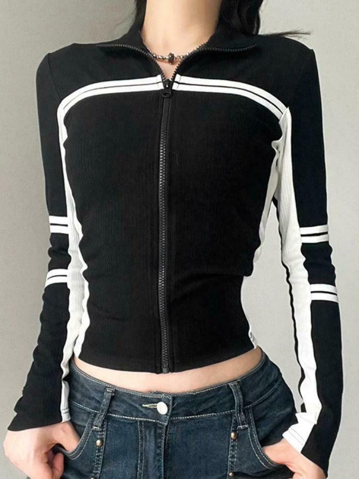 Y2K Fashion Contrast Color Splice Zipper Collar Neck Long Sleeve Knit Sweater