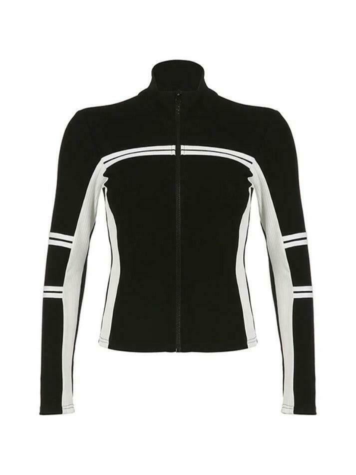 Y2K Fashion Contrast Color Splice Zipper Collar Neck Long Sleeve Knit Sweater