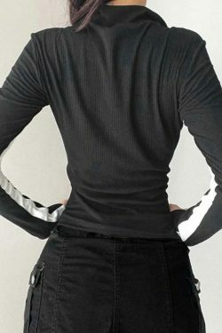 Y2K Fashion Contrast Color Splice Zipper Collar Neck Long Sleeve Knit Sweater