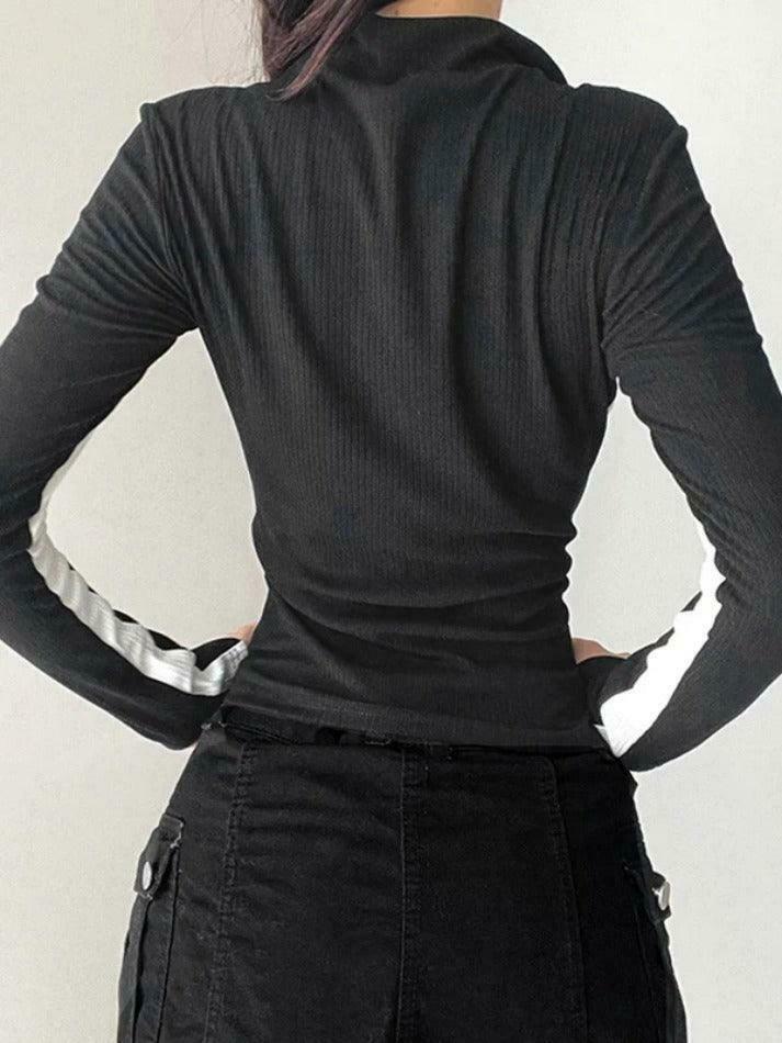 Y2K Fashion Contrast Color Splice Zipper Collar Neck Long Sleeve Knit Sweater