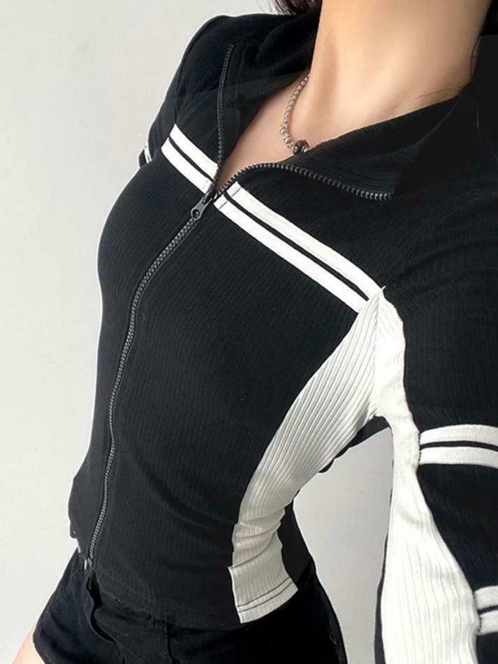 Y2K Fashion Contrast Color Splice Zipper Collar Neck Long Sleeve Knit Sweater