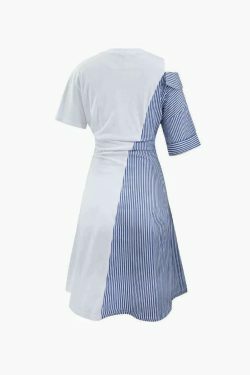 Y2K Fashion Contrast Panel Pinstripe Midi Dress - Coquette Aesthetic Grunge Style Vintage Outfit
